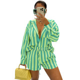 Best Design Striped Patchwork 2 Piece Shorts Set Stretchy Long Sleeve Shirt Sport Shorts Women Sets Fall Two Piece Casual