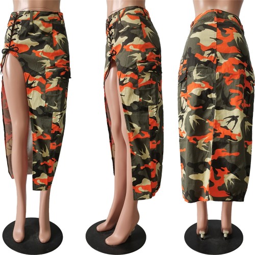 New Arrival 2023 Camouflage Women Dress & Skirts Summer Casual Split Skirt For Women Camouflage Corn Straps Skirt with Cotton