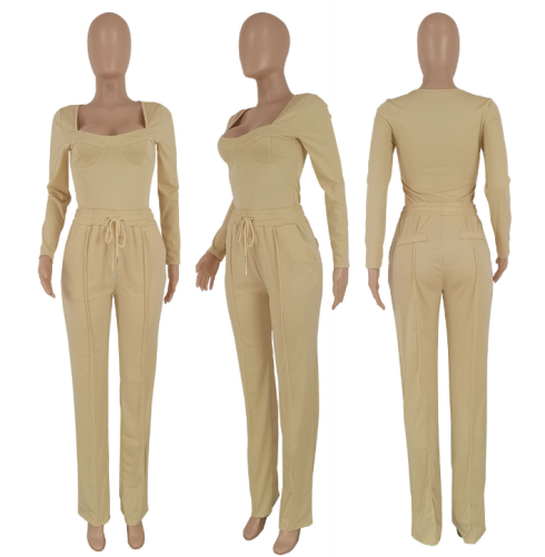 Fall Outfits Women Lounge Set 2023 New Long Sleeve Low Cut Tops Two Piece Pants Set BL039