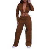 Fall 2023 Women Clothes Solid Color Casual Jogger Two Piece Pant Set Backless Bandage Crop Tops And Wide Leg Pant Set