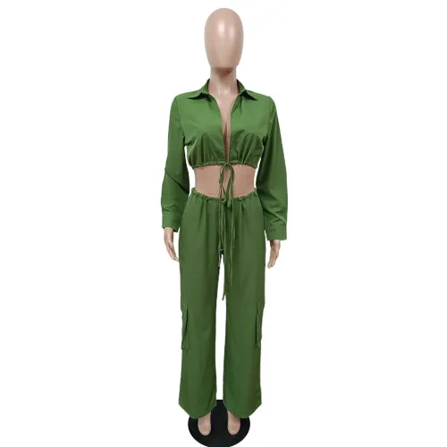 Fall 2023 Women Clothes Solid Color Casual Jogger Two Piece Pant Set Backless Bandage Crop Tops And Wide Leg Pant Set