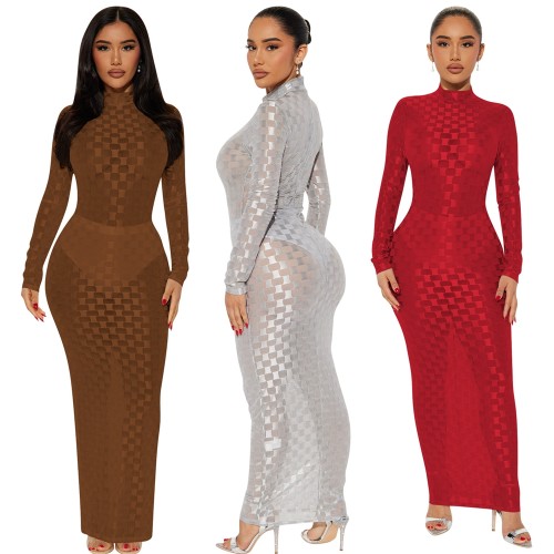2023 New Arrival Autumn High Collar Long Dresses Sexy See Through Tight Dress Mesh Plaid Bodycon Dress For Women