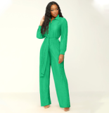 Women One Piece Jumpsuit Fall Clothes 2023 New Solid Casual Long Sleeve Jumpsuits Ladies Pleated Wide Leg Jumpsuits With Belt