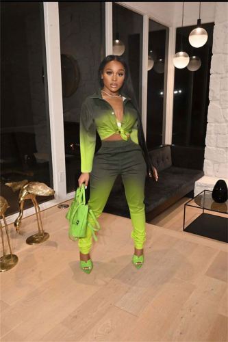 New 2023 Color Long Sleeve Multi Button Shirt Top Skinny Jogging Pants Set Fall Sets For Women