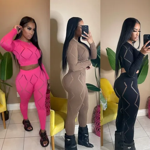 Fall casual tights sport suits women 2022 solid long sleeve sexy hollow out crop top skinny two piece set legging pants set