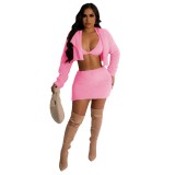 223 New Fashion Fall Winter Women Clothing Short Jacket And Mini Skirt Set With Bra Solid Color Fleece Casual 3 Piece Set