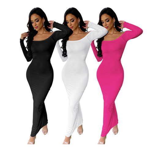 Fall Fashion Women Clothes Solid Color full Sleeve  Dress Sexy Backless Wrink Long Dress Ladies Casual Dress