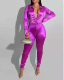 Sexy Women Clothes 2023 Fall New Fashion Solid Color Two Piece Pants Set Deep V-Neck Long Sleeve Top And Tight Long Pants Outfit