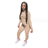 2023 New Fashion Autumn Solid Color Long Sleeve Jumpsuits Turndown Collar Skinny Romper Multi Pocket Cargo Women Jumpsuits