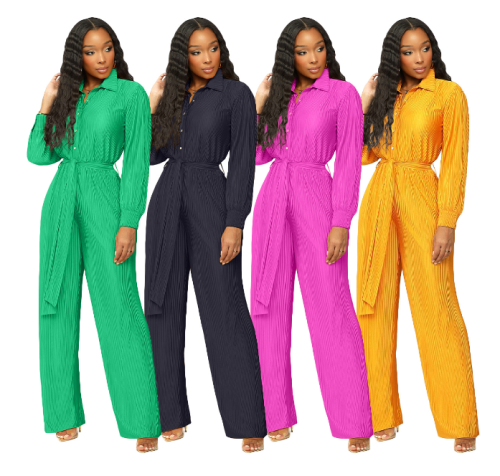 Women One Piece Jumpsuit Fall Clothes 2023 New Solid Casual Long Sleeve Jumpsuits Ladies Pleated Wide Leg Jumpsuits With Belt