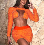 2023 New Design Feathers Ladies 3 Piece Skirt Set Fall Women Clothes Long Sleeve Crop Top And Mini Skirt Set With Bra