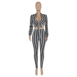 2023 Fashionable Print Two Piece Set Autumn Long Sleeve Bandage Crop Top Pencil Pant Sexy Women Two Piece Set