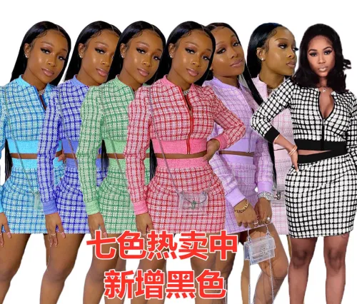 W5296 Popular Hot Selling Fashion Spring Clothings For Women Two Piece Skirt Set Zipper Long Sleeve Ladies Skirt Set