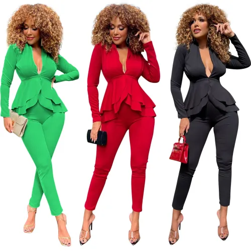 W5625 New Arrivals Solid Color 2 Piece Set Autumn Women Clothes Ruffles Deep V Neck Top And Long Pants Set