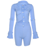 Vintage knitted ribbed 2 piece short set sweater outfits 2022fall winter long sleeve button tops Stripe Shorts sweater Set Women