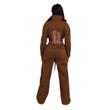 Fall 2023 Women Clothes Solid Color Casual Jogger Two Piece Pant Set Backless Bandage Crop Tops And Wide Leg Pant Set