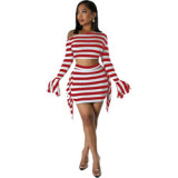 Autumn Women Clothing 2 Piece Set Women Stripe Diagonal Shoulder Long Sleeve Crop Top Tassel  Skirt Set Two Pieces For Women