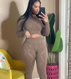 Fall casual tights sport suits women 2022 solid long sleeve sexy hollow out crop top skinny two piece set legging pants set