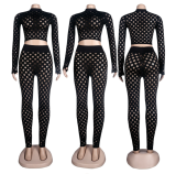 2022 sexy spring clothing long sleeve crop top 2 piece jogger set fashion club wear Hollow Out Two Pieces Pants Set Women Outfit
