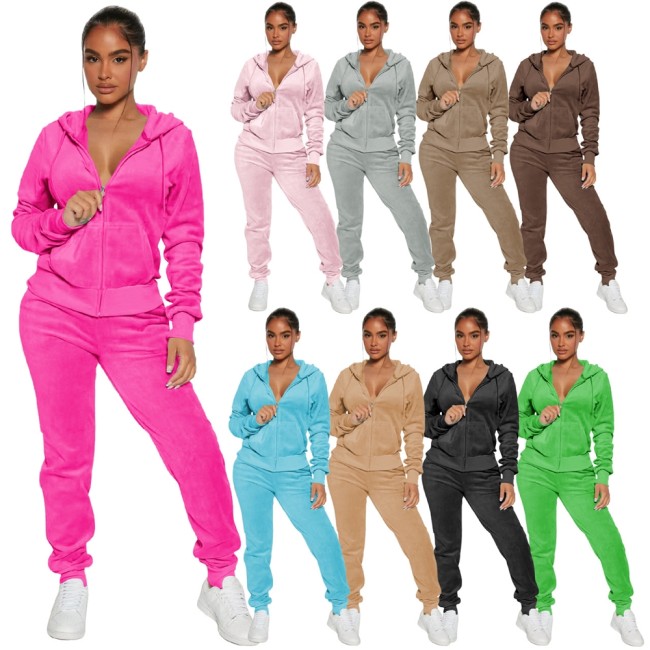 Custom Logo Winter Sports Hooded Tracksuits Solid Color Velvet Women Two Piece Pants Set Fall Womens Jogger Sweatsuits