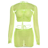 2023 fall Women Knitted Solid Three Piece Set Bandage With Separately Long Sleeve Crop Tops+high Waist Mini Skirts