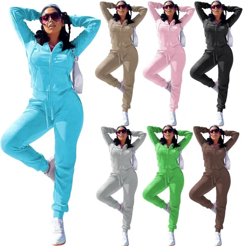 Custom Logo Winter Sports Hooded Tracksuits Solid Color Velvet Women Two Piece Pants Set Fall Womens Jogger Sweatsuits