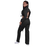 Fall 2023 Women Clothes Solid Color Casual Jogger Two Piece Pant Set Backless Bandage Crop Tops And Wide Leg Pant Set