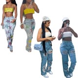 New design 2023 hot sell summer fall casual pocket cargo pants sexy hollow vintage wash women's jeans stretch hole ripped jeans