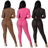 New Arrivals Fall Hollow Out Club Sexy Jumpsuits Solid Color Long Sleeve Zipper Bodycon Lady Jumpsuit