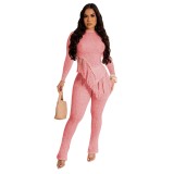 ZHEZHE Women Casual Two Pieces Leg Pants Set Sexy Fashion Irregular Tassel Long Sleeve Top And Slim Fit Pants Women Set
