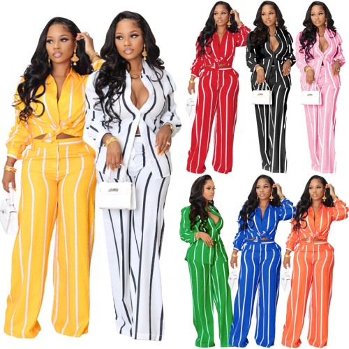 AL221 New fashion boutique fall clothes stripe long sleeve shirts loose wide leg pants 2 piece set women casual women's sets