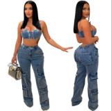 New design 2023 hot sell summer fall casual pocket cargo pants sexy hollow vintage wash women's jeans stretch hole ripped jeans