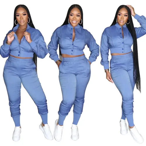 Fall 2023 Womens Clothes Solid Color Ribbed Two Piece Pants Set Trendy Varsity Jacket And Ankle Trousers Set