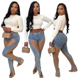 New design 2023 hot sell summer fall casual pocket cargo pants sexy hollow vintage wash women's jeans stretch hole ripped jeans
