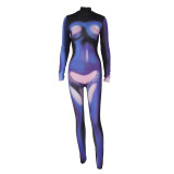 2023 Creative Women's 3D Printing Bodysuit Long Sleeve High Neck Jumpsuit