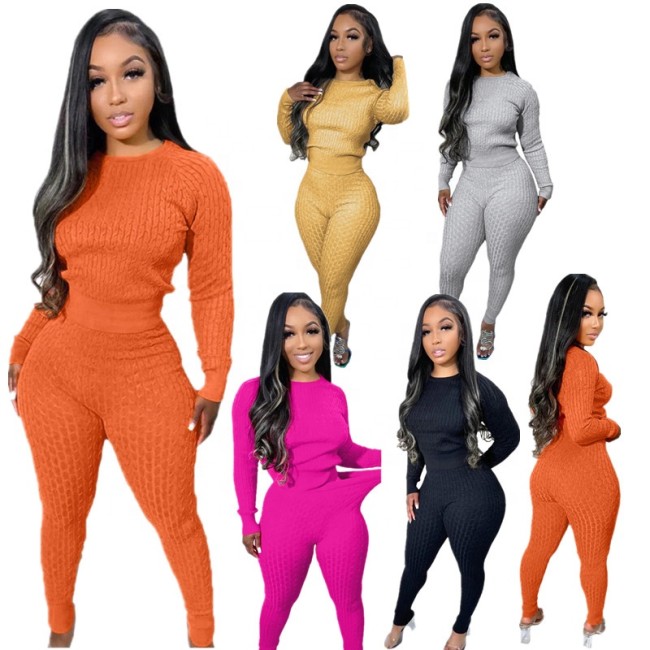 Winter thick pullover sweater 2 piece pant two piece set solid casual womens knit sweater two piece sets sweater pants set 2023