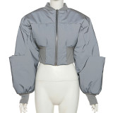 K22y24123 Wholesale Autumn Coat Solid Long Sleeve Crew Neck Gird Skinny Jacket Zipper Glossy Cotton Jacket Woman Clothes