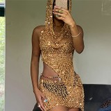 W23S29585 Fashion summer 2023 new arrivals sexy hollow hooded sleeveless crop top two piece set sequin mini shorts women's sets