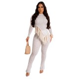 ZHEZHE Women Casual Two Pieces Leg Pants Set Sexy Fashion Irregular Tassel Long Sleeve Top And Slim Fit Pants Women Set