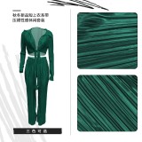 ZHEZHE Fashion pleated fabric elegant women two piece set long sleeve sexy tie-up top and pants matching suit pleated outfit