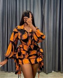ZHEZHE 2023 Autumn New Women's Long Sleeve Top and High Waist Wrap Hip Short Skirt Set Fashion Print Party Two Piece Set