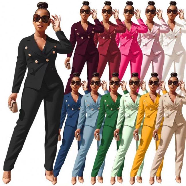 PH13306 New Style Winter Spring 2023 Women Clothes Double Breasted Suit Jacket Pants 2 Piece Set Women Lady Blazer Polyester