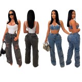 New design 2023 hot sell summer fall casual pocket cargo pants sexy hollow vintage wash women's jeans stretch hole ripped jeans