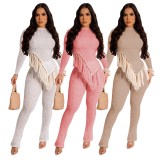 ZHEZHE Women Casual Two Pieces Leg Pants Set Sexy Fashion Irregular Tassel Long Sleeve Top And Slim Fit Pants Women Set