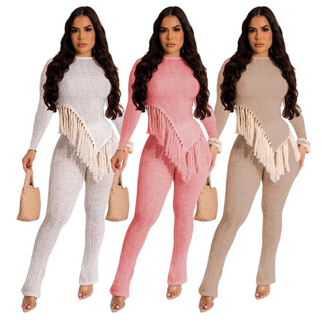 ZHEZHE Women Casual Two Pieces Leg Pants Set Sexy Fashion Irregular Tassel Long Sleeve Top And Slim Fit Pants Women Set