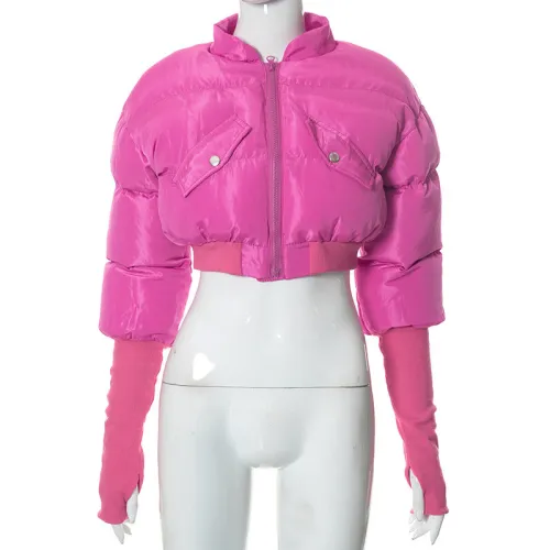 Winter Warm Clothes Cotton Long Sleeve Women Pockets Crop Top Coats Fashion Short Cotton Jacket