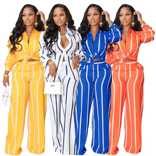AL221 New fashion boutique fall clothes stripe long sleeve shirts loose wide leg pants 2 piece set women casual women's sets