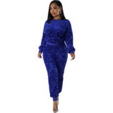 Autumn new style fashion shirt+long pants sexy solid color casual sequins 2 piece sets elegant suits personality women clothing