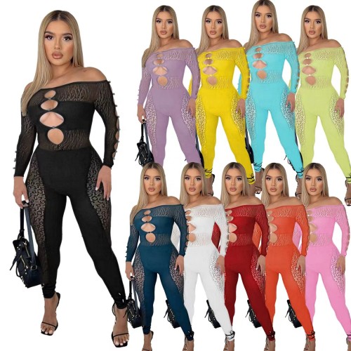 ZHEZHE Wholesale 10 colors off shoulder one piece jumpsuits sexy leopard print mesh see through rompers women's jumpsuits