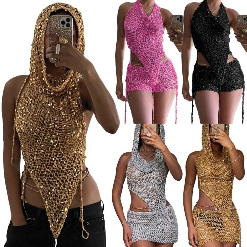 W23S29585 Fashion summer 2023 new arrivals sexy hollow hooded sleeveless crop top two piece set sequin mini shorts women's sets